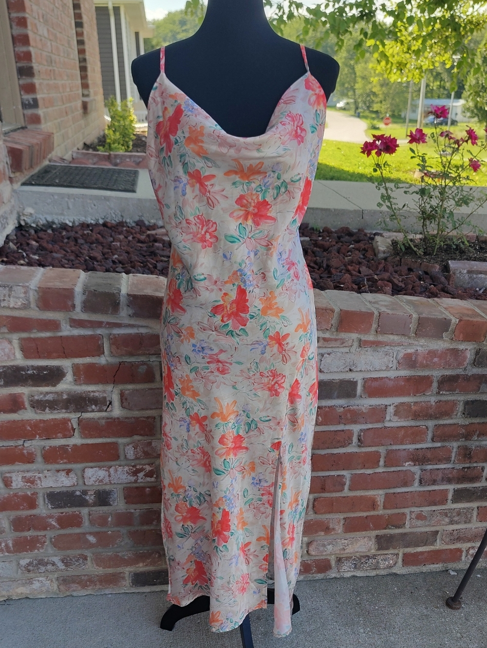 Paper Heart Anthropologie Satin Floral Drape Neckline Slip Dress Size L Y2K Boho